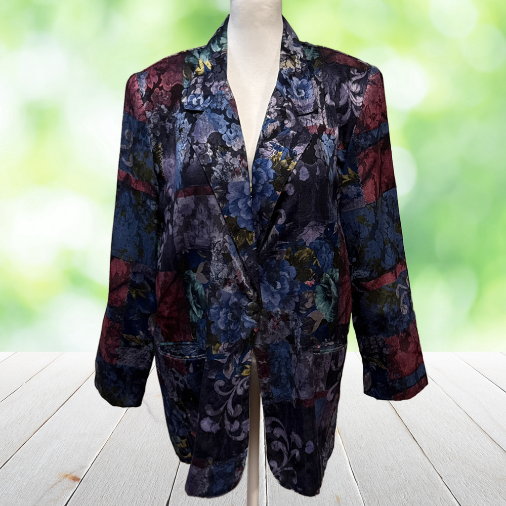 Vintage Jewel Tone Longline Blazer Satin Patchwork Floral Artwear Made USA Sz XL